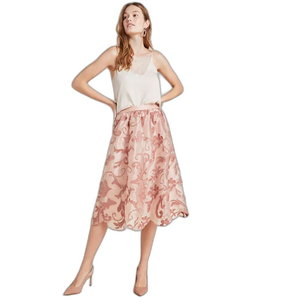 Anthropologie Maeve NWOT Shannon Embroidered Tulle Midi Skirt Blush Pink Sz M